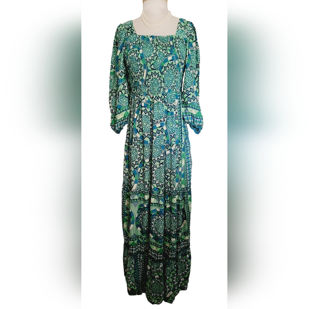 ME 2 Magic Geometric Square Neckline Long Sleeve Bohemian Style Maxi Dress NWT